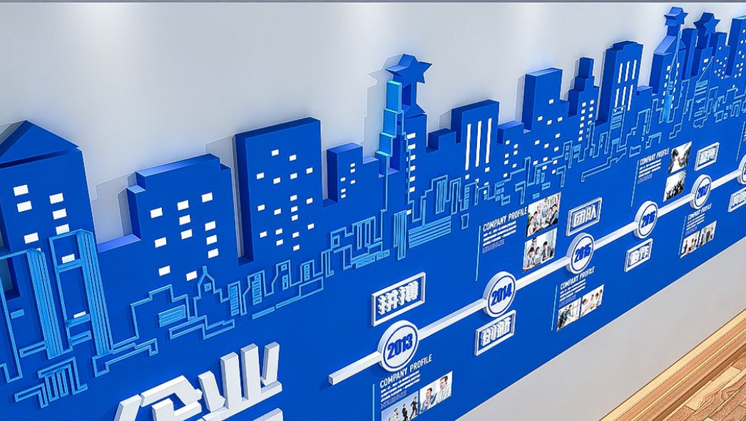 蓝色3d立体企业发展历程文化墙效果图模板设计图片