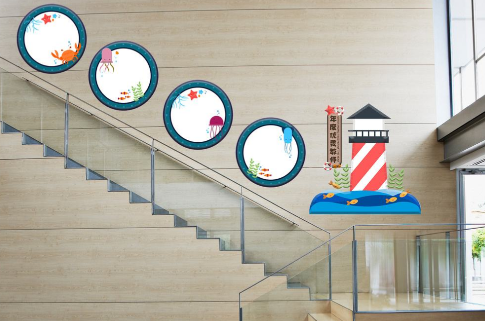 简约海洋风卡通学校照片楼梯文化墙