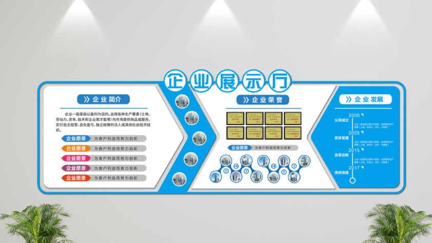 大气蓝色微立体企业文化墙展示