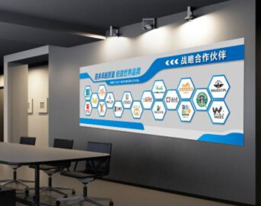 创意蓝色企业简介企业文化墙布置图设计